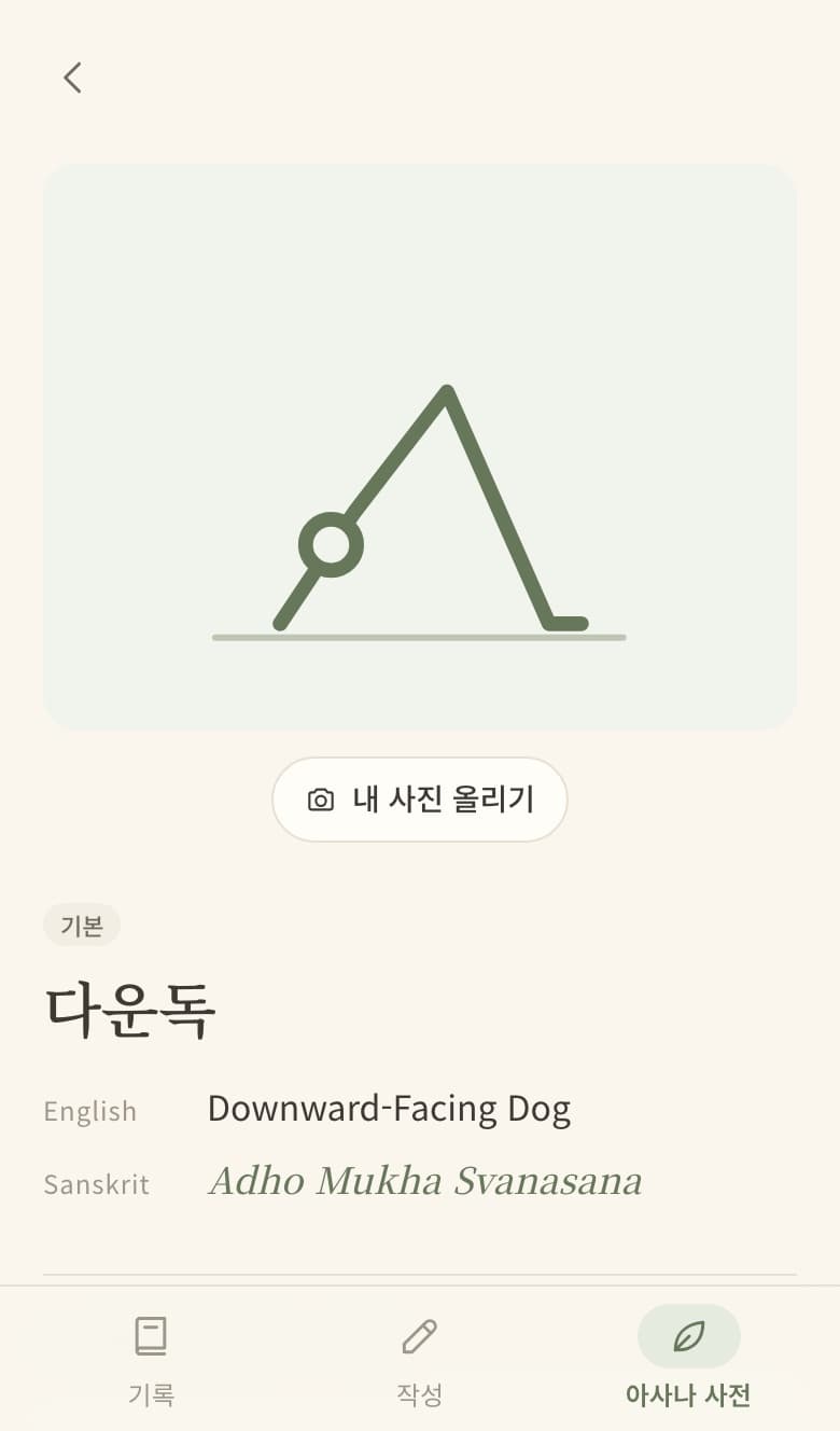 Asana Log 아사나 사전의 자세 상세 화면. 다운독의 선 일러스트와 영어 이름 Downward-Facing Dog, 산스크리트어 이름 Adho Mukha Svanasana가 적혀 있고 내 사진을 올리는 버튼이 있다.