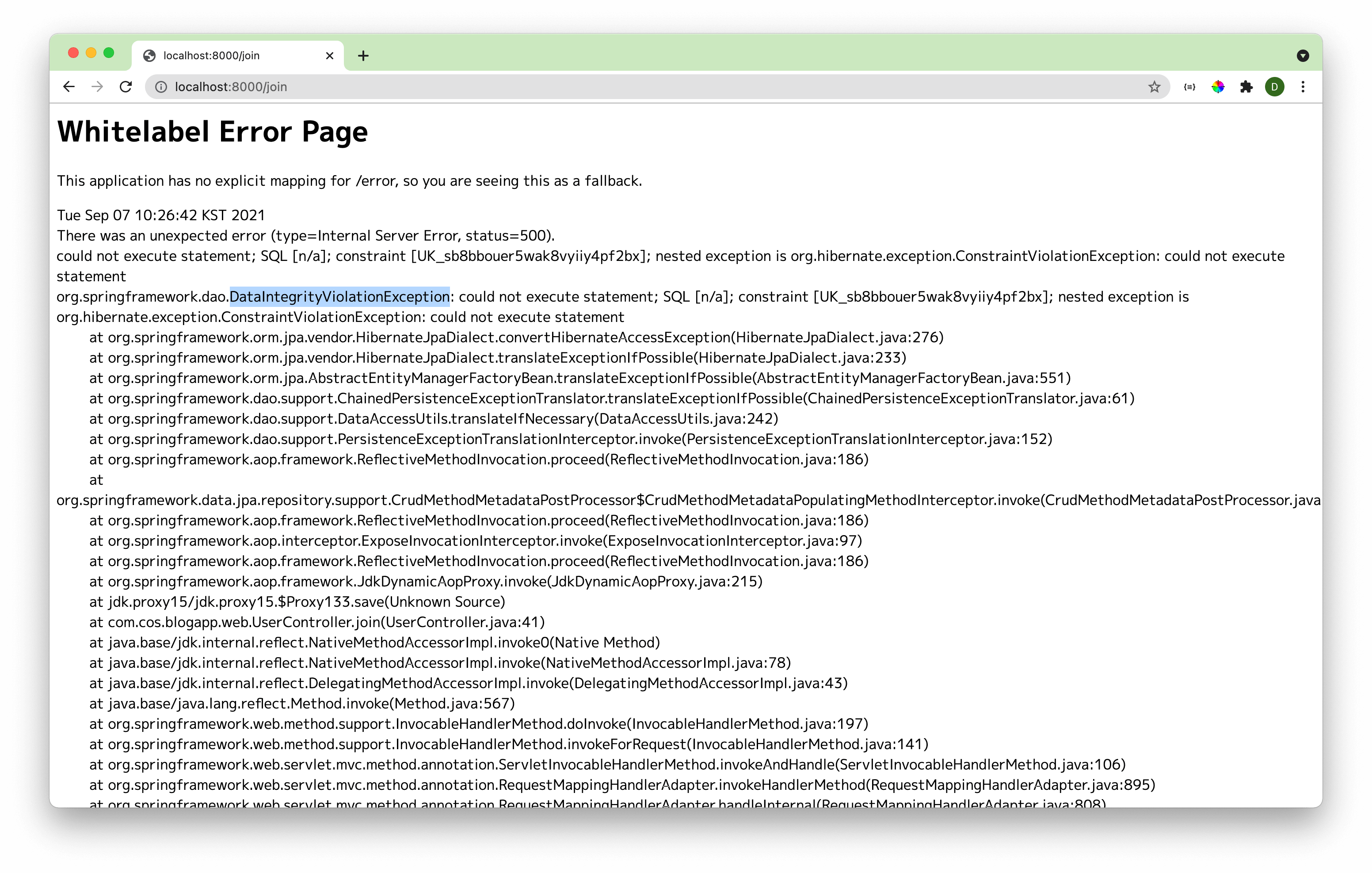 DataintegerityViolationException